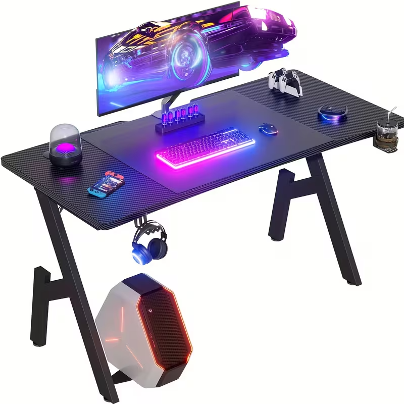 Bureau Gaming Premium Ergonomique – Plateau Effet Carbone – Porte-Casque – UE