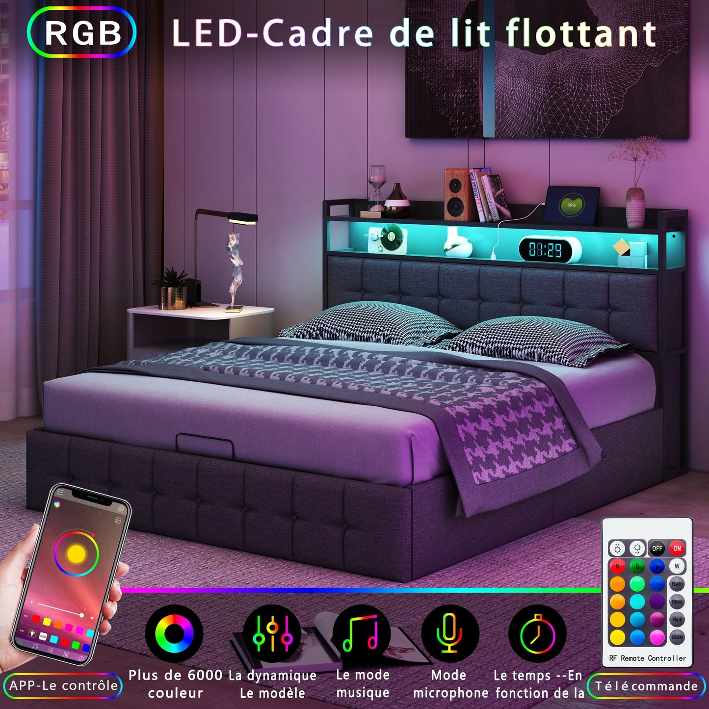 Lit Coffre Connecté 140x200 - LED, USB et Rangement Hydraulique - Gris Foncé