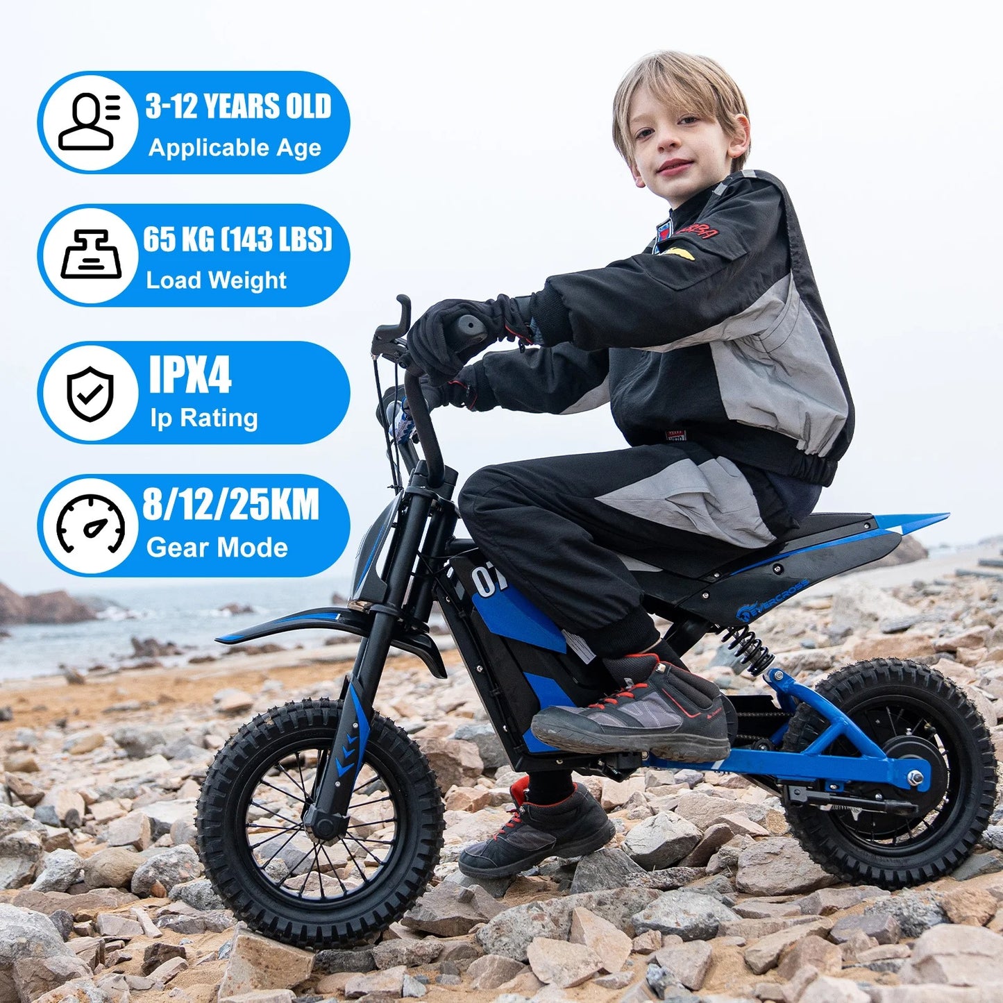 Moto Électrique Enfant 3-12 Ans, 300W, 15km Autonomie, 3 Vitesses, Frein Disque