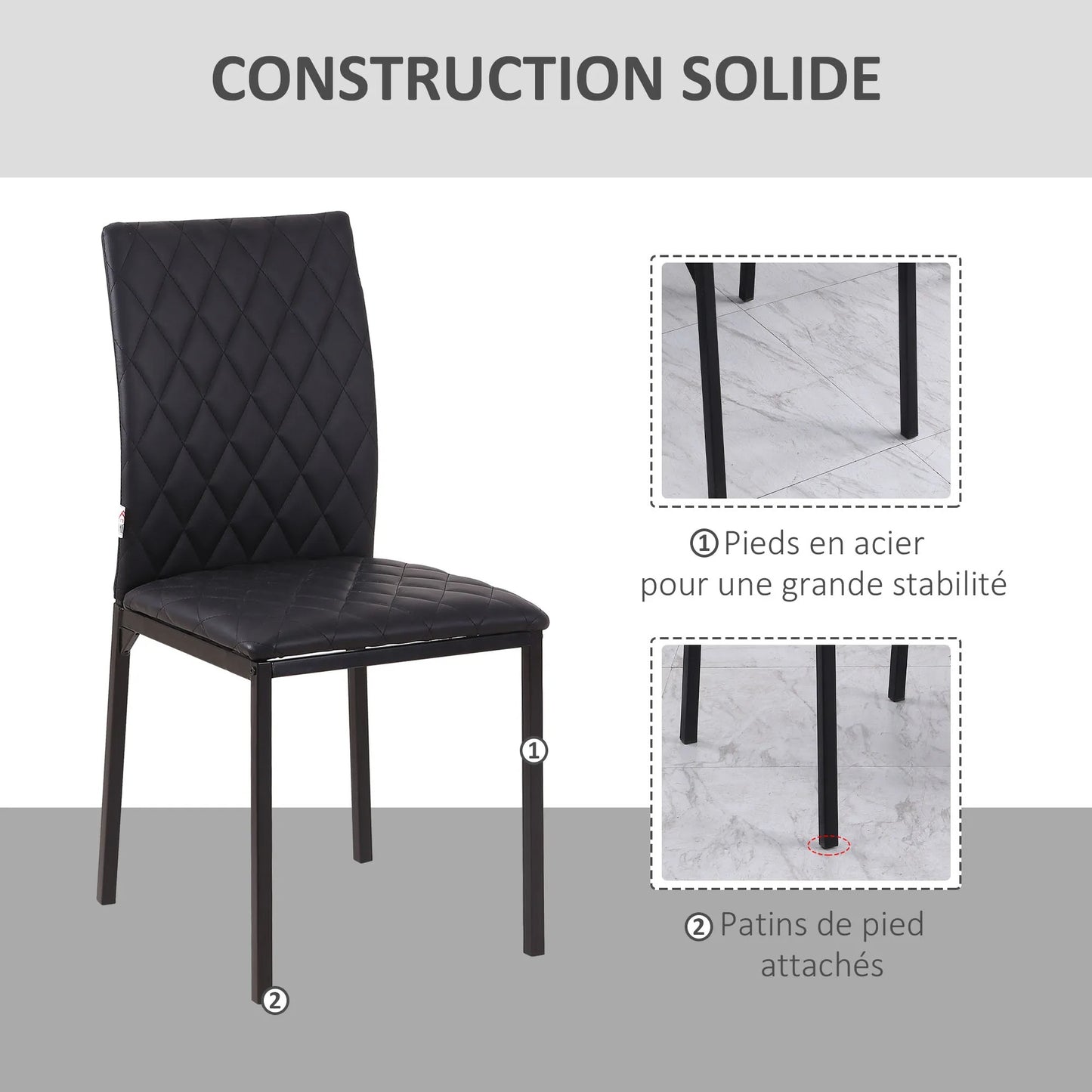 Lot de 4 Chaises Design Modernes - Noir Matelassé & Pieds Métal