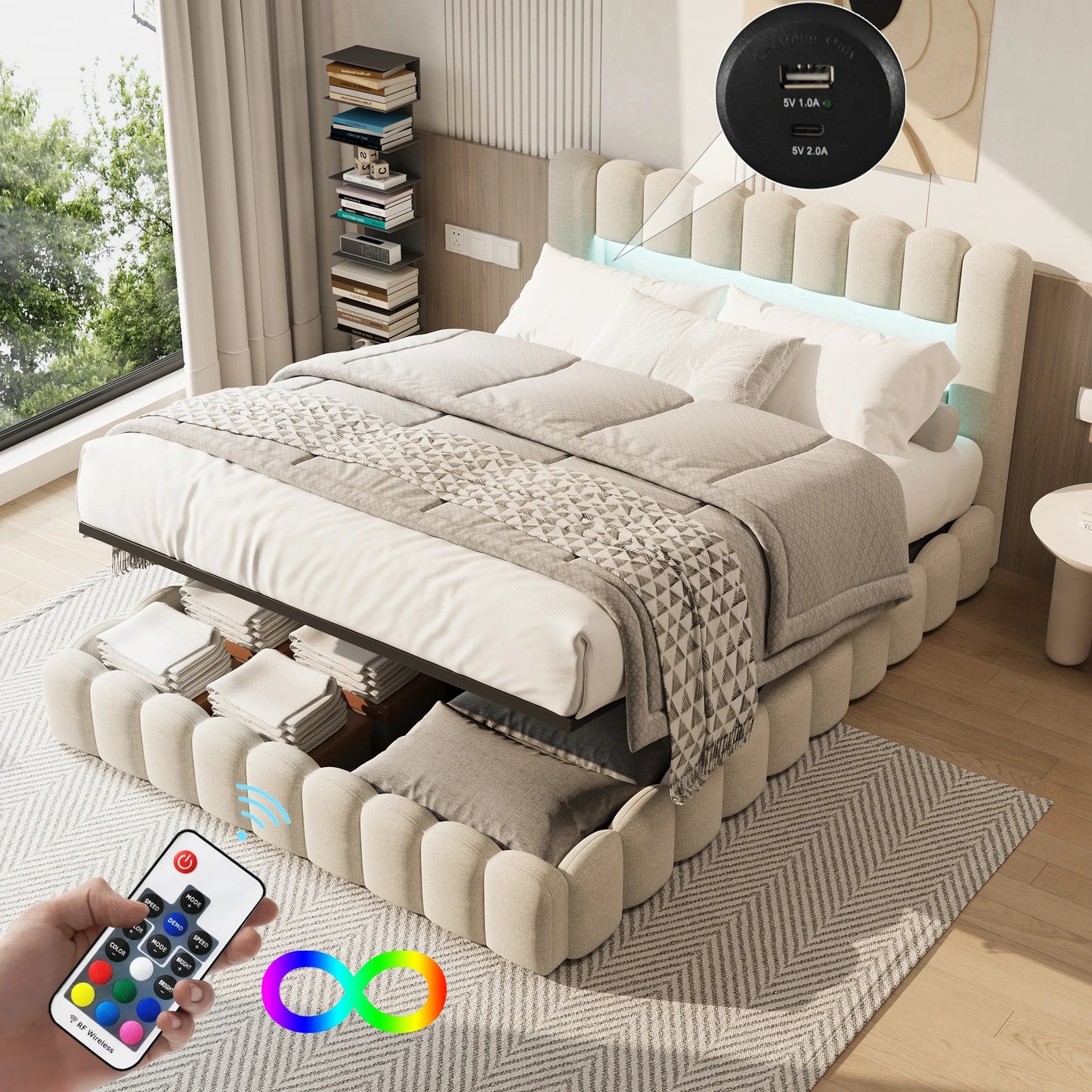 Lit Coffre Capitonné 140x200 Beige - Ports USB et Éclairage LED Intégrés