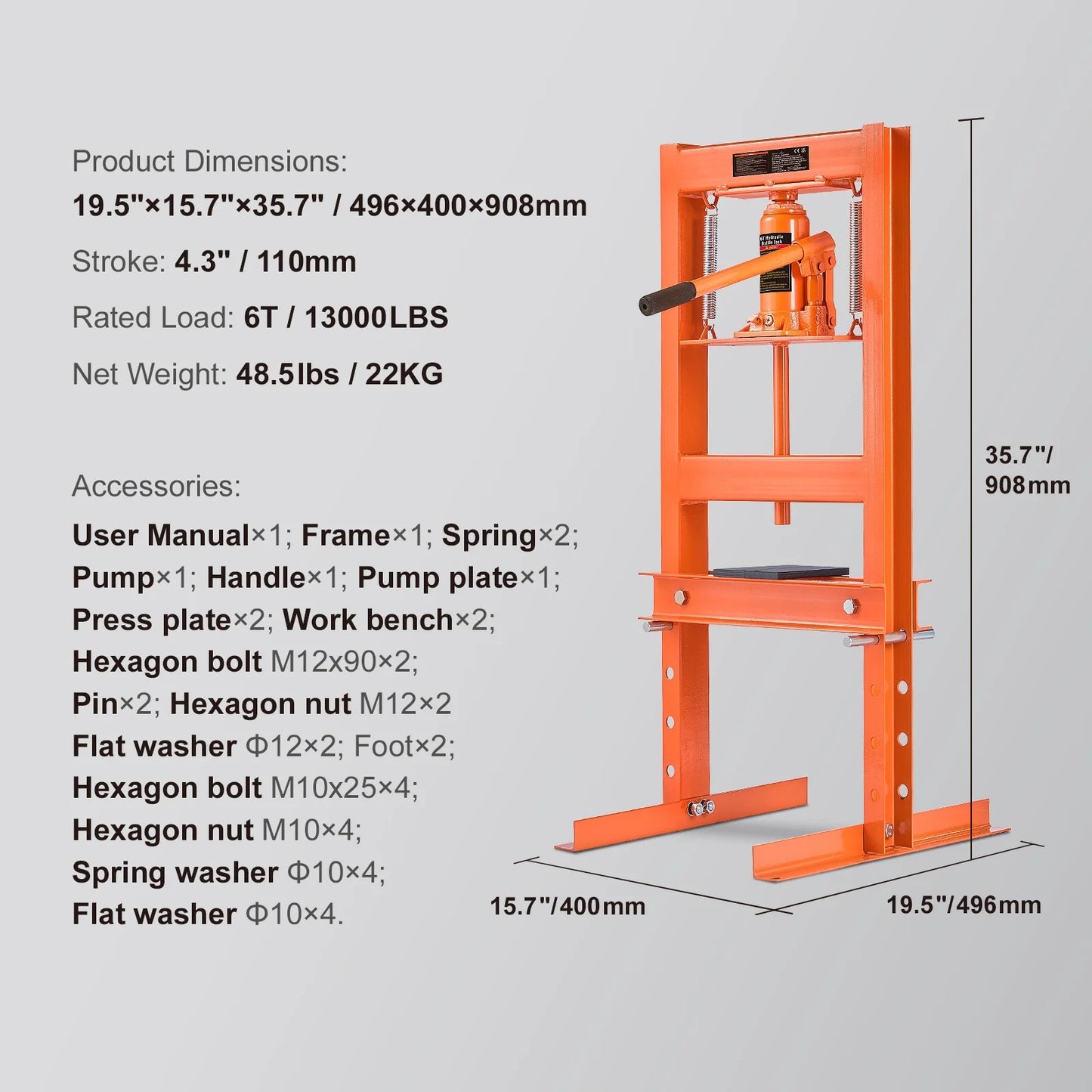 Presse Hydraulique d'Atelier 6T - Structure Acier Renforcée et Plaques de Pressage