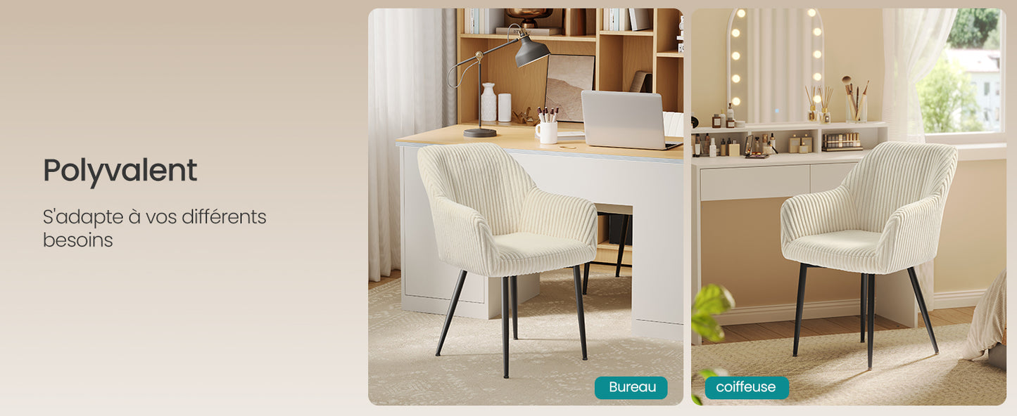 Pack de 2 Chaises Fauteuils en Velours Côtelé - Design Prestige Blanc Crème