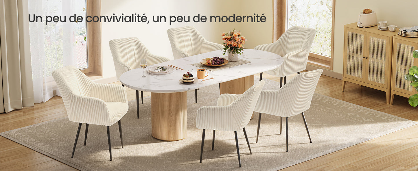 Pack de 2 Chaises Fauteuils en Velours Côtelé - Design Prestige Blanc Crème