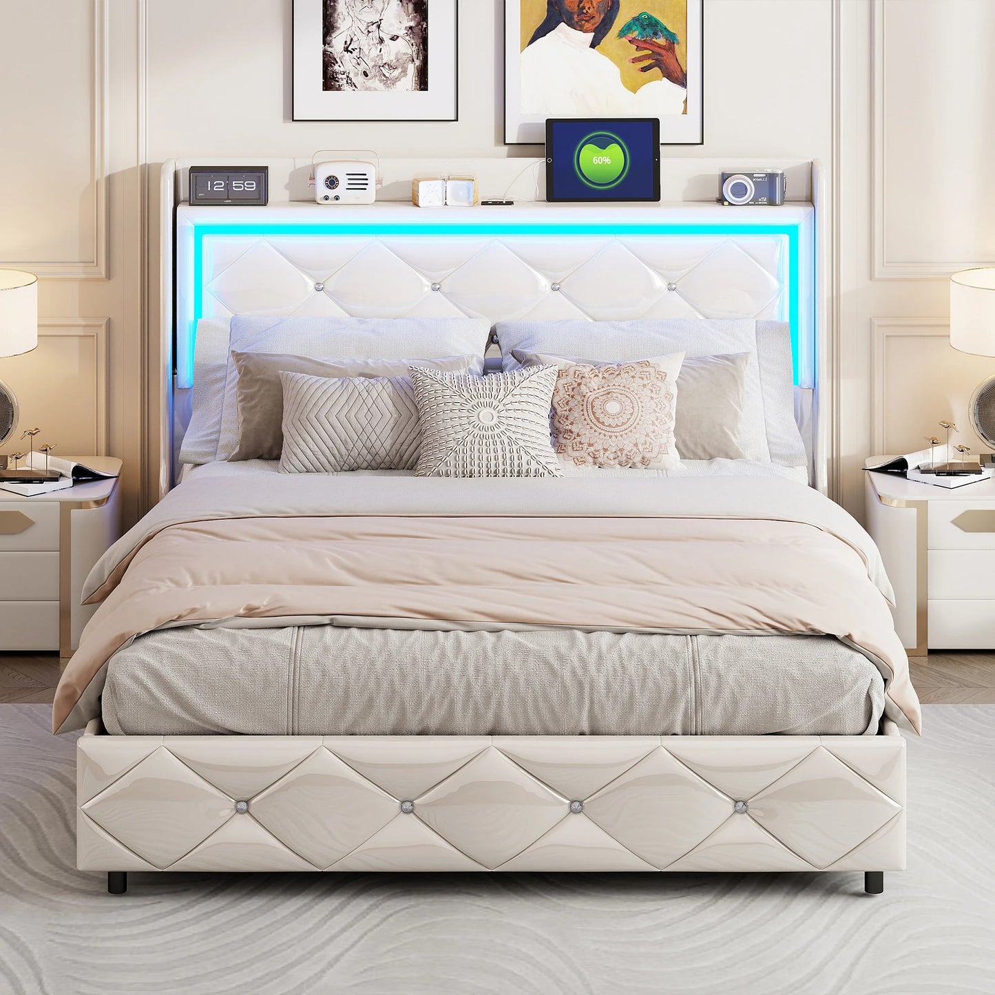 Lit Coffre Design Blanc Connecté - LED, USB et Rangement - Simili Cuir
