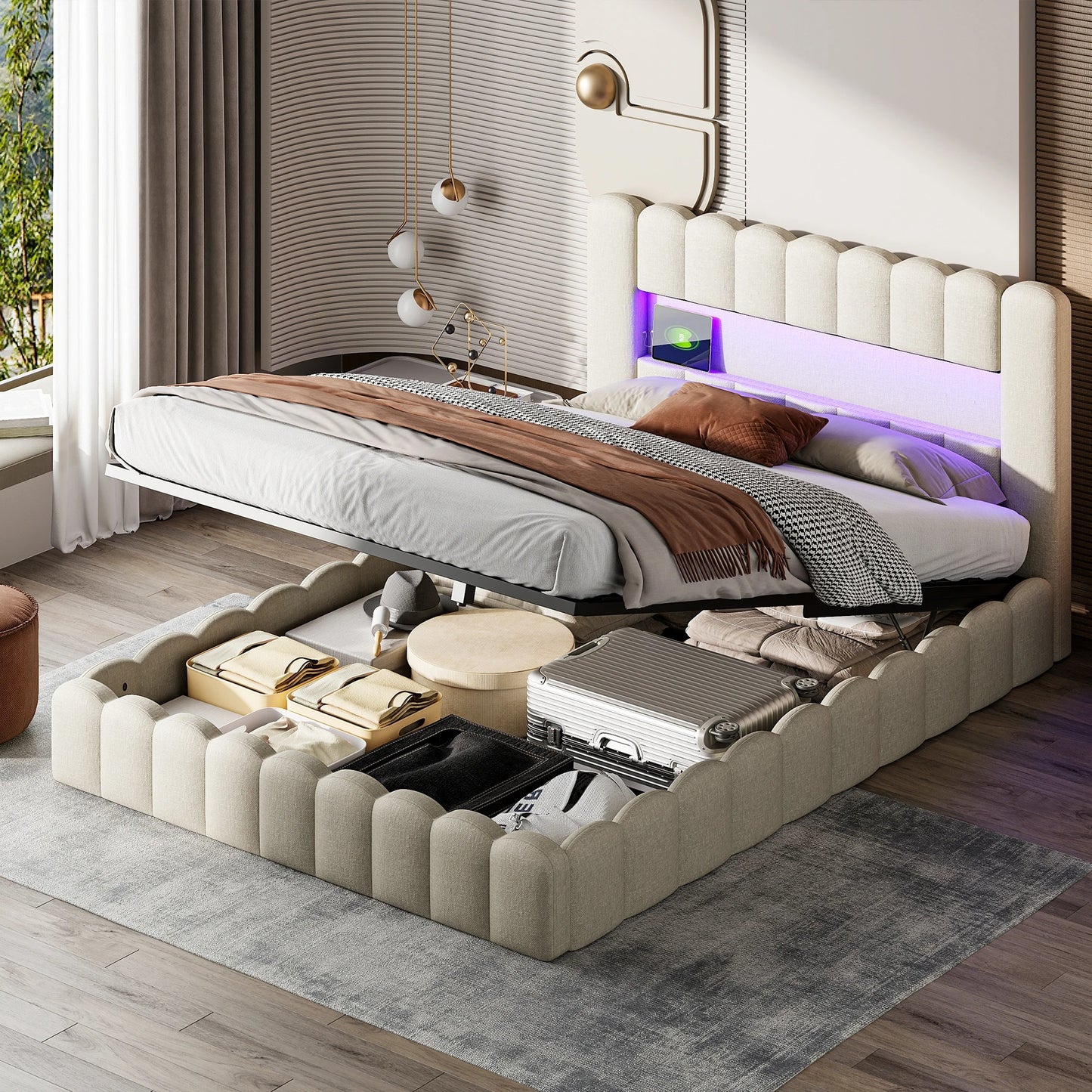 Lit Coffre Capitonné 140x200 Beige - Ports USB et Éclairage LED Intégrés