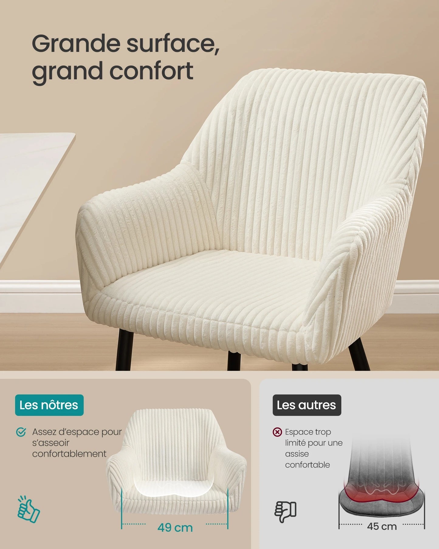 Pack de 2 Chaises Fauteuils en Velours Côtelé - Design Prestige Blanc Crème