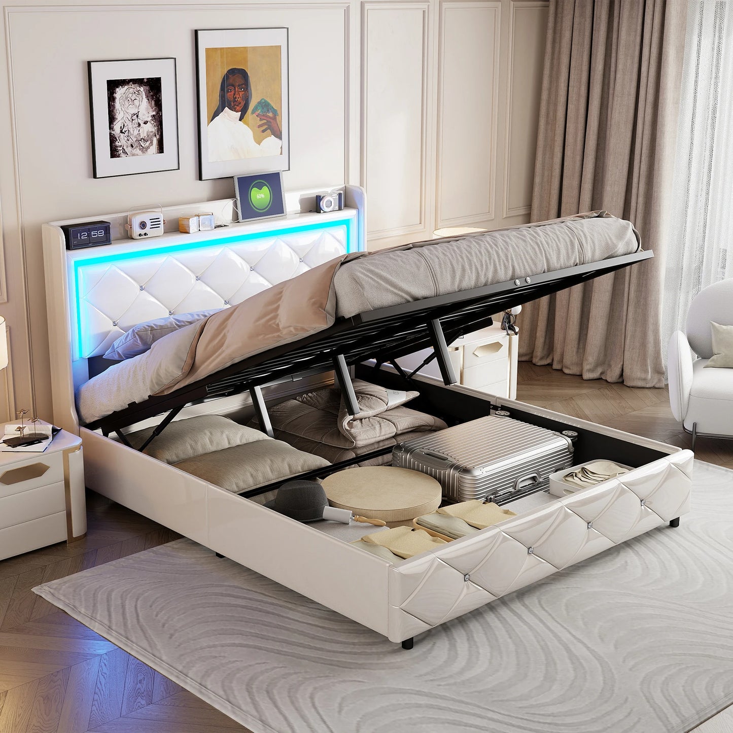 Lit Coffre Design Blanc Connecté - LED, USB et Rangement - Simili Cuir