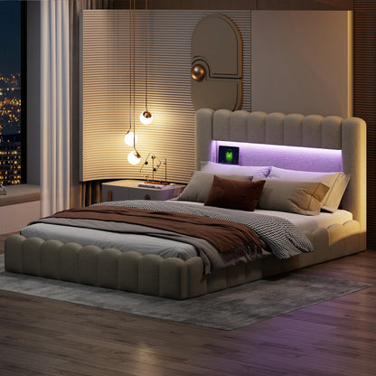 Lit Coffre Capitonné 140x200 Beige - Ports USB et Éclairage LED Intégrés