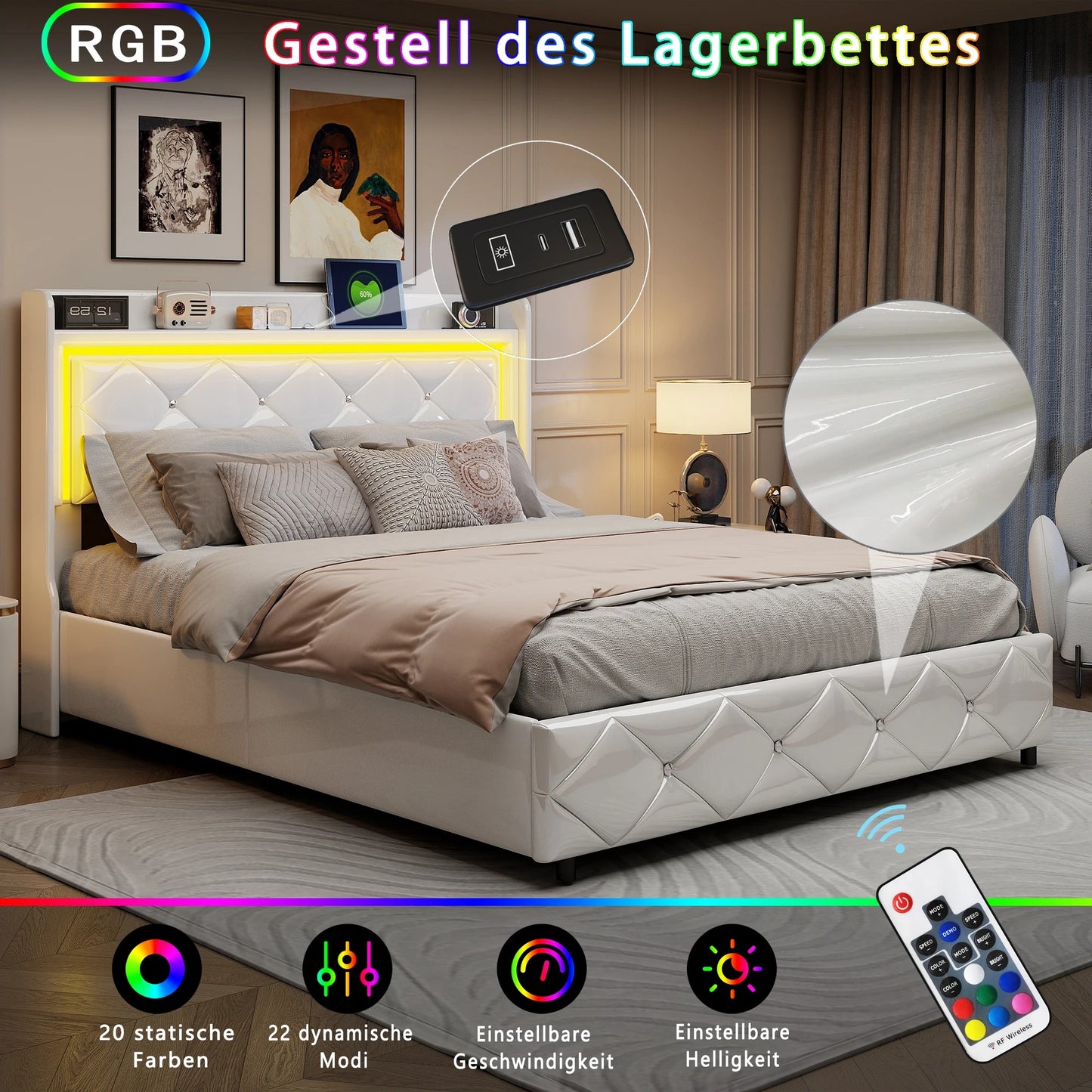 Lit Coffre Design Blanc Connecté - LED, USB et Rangement - Simili Cuir