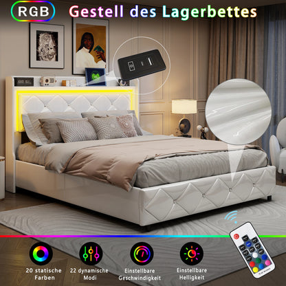 Lit Coffre Design Blanc Connecté - LED, USB et Rangement - Simili Cuir