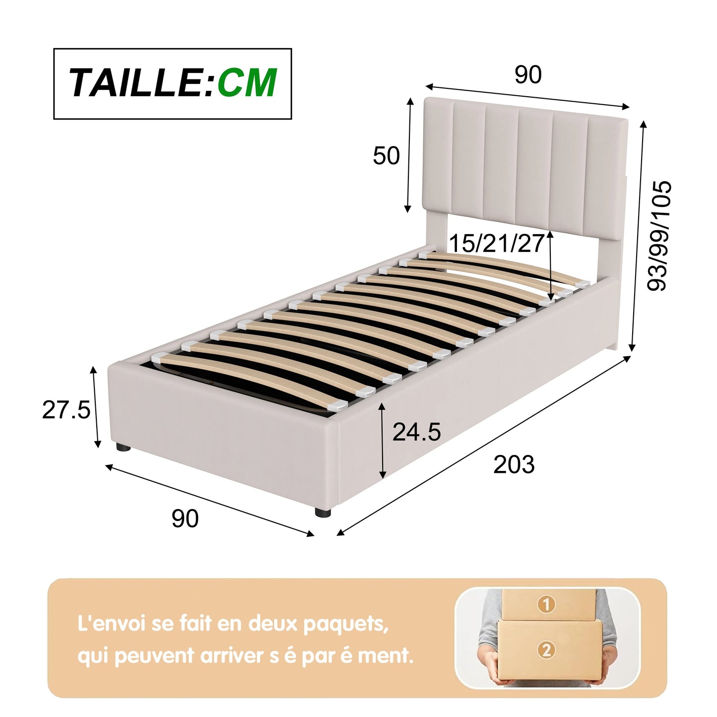 Lit Coffre 90x200 Beige - Rangement Hydraulique et Confort Rembourré