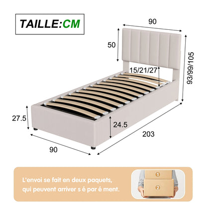 Lit Coffre 90x200 Beige - Rangement Hydraulique et Confort Rembourré