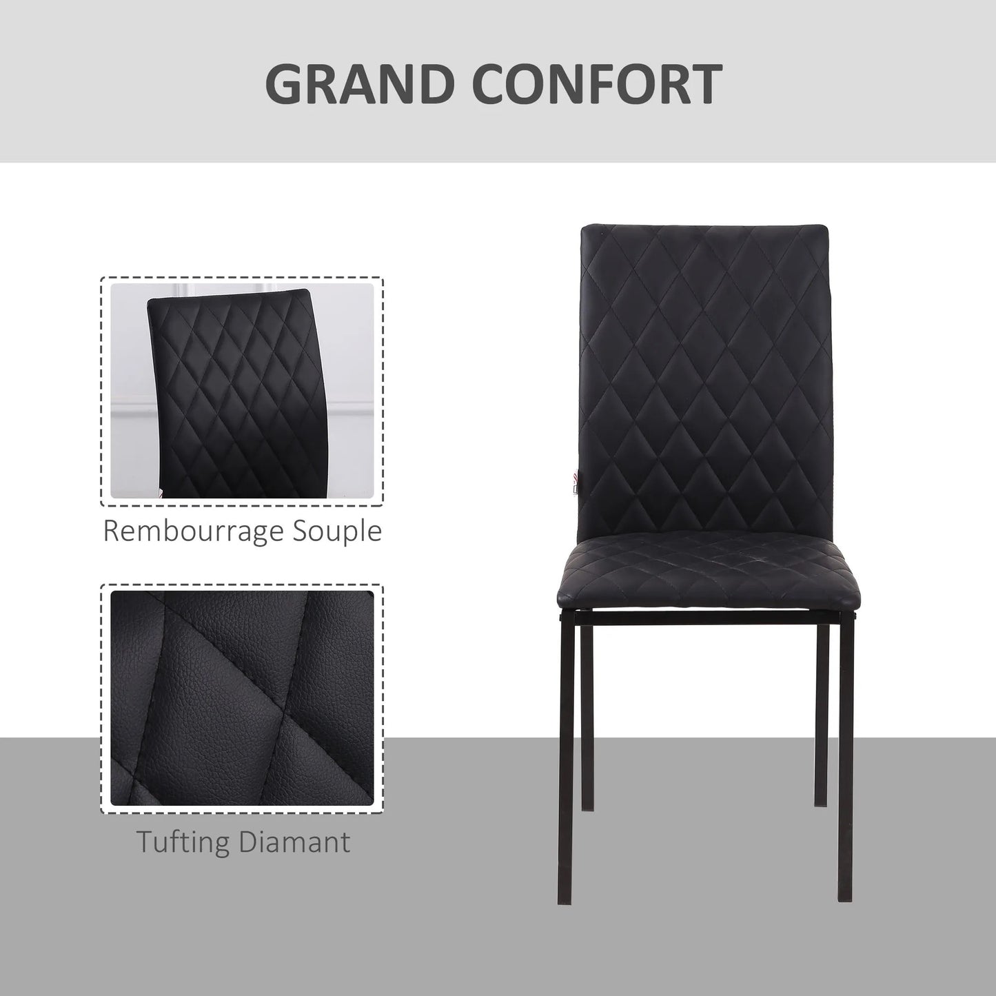 Lot de 4 Chaises Design Modernes - Noir Matelassé & Pieds Métal