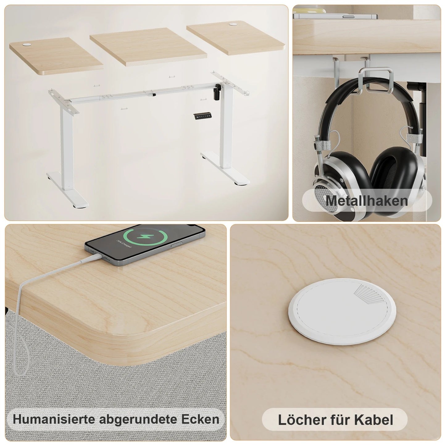 Bureau Électrique Assis-Debout - Structure Acier et Ports USB - Blanc