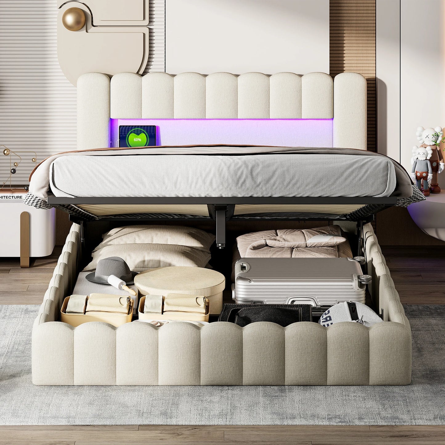 Lit Coffre Capitonné 140x200 Beige - Ports USB et Éclairage LED Intégrés