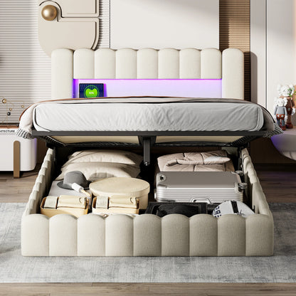 Lit Coffre Capitonné 140x200 Beige - Ports USB et Éclairage LED Intégrés