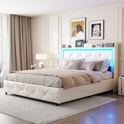 Lit Coffre Design Blanc Connecté - LED, USB et Rangement - Simili Cuir