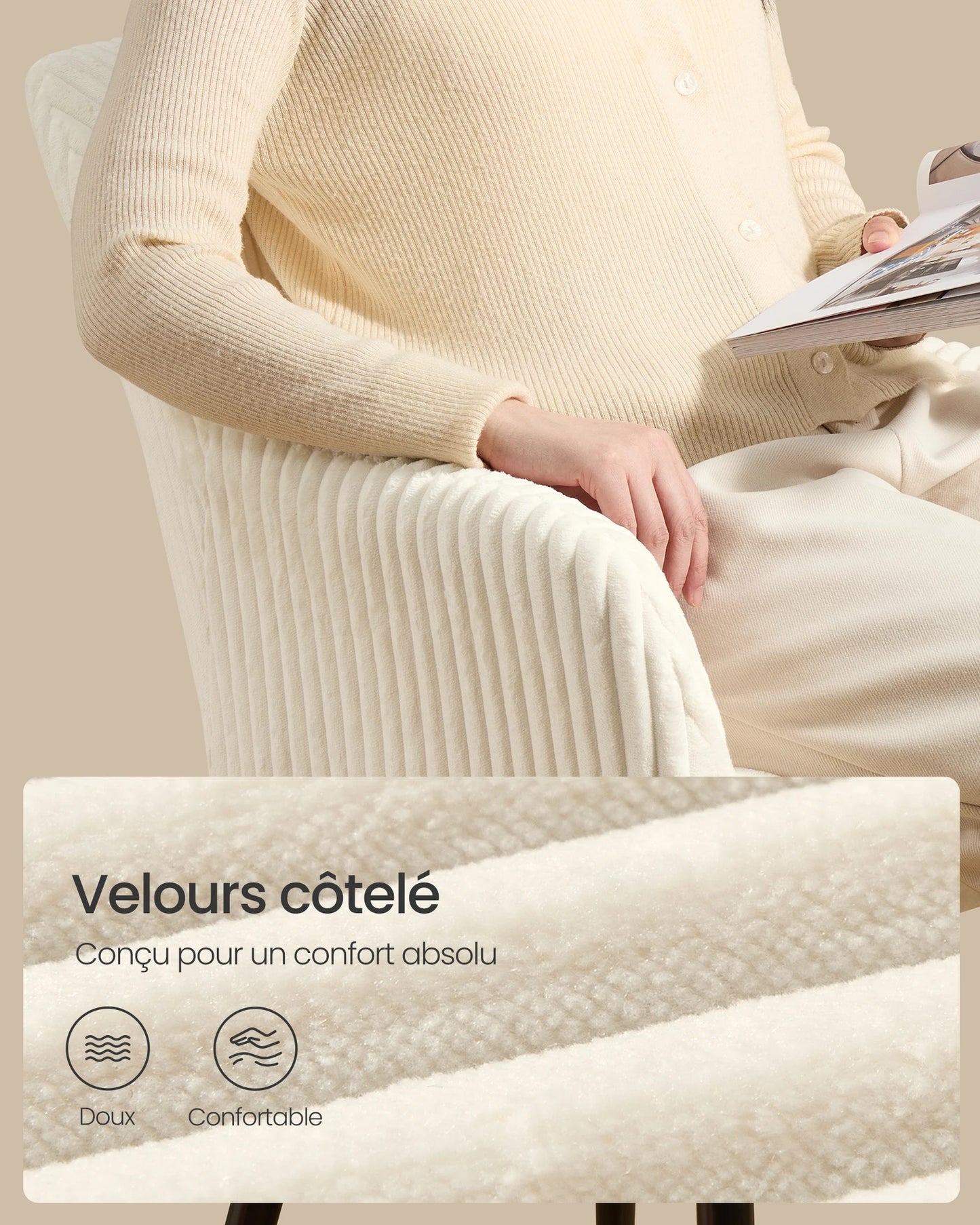 Pack de 2 Chaises Fauteuils en Velours Côtelé - Design Prestige Blanc Crème