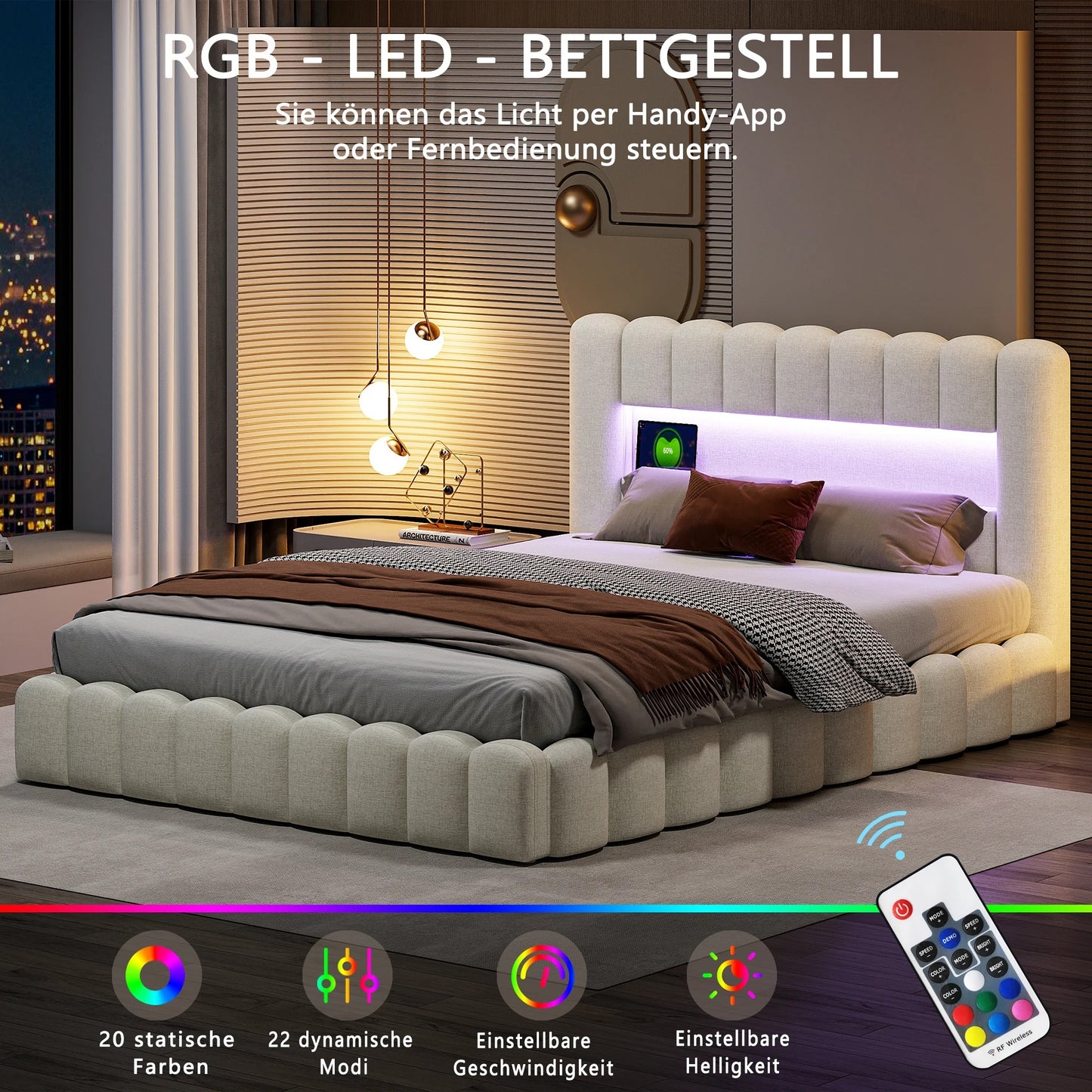 Lit Coffre Capitonné 140x200 Beige - Ports USB et Éclairage LED Intégrés