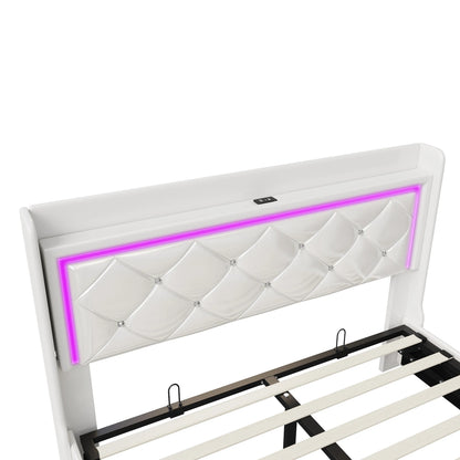 Lit Coffre Design Blanc Connecté - LED, USB et Rangement - Simili Cuir