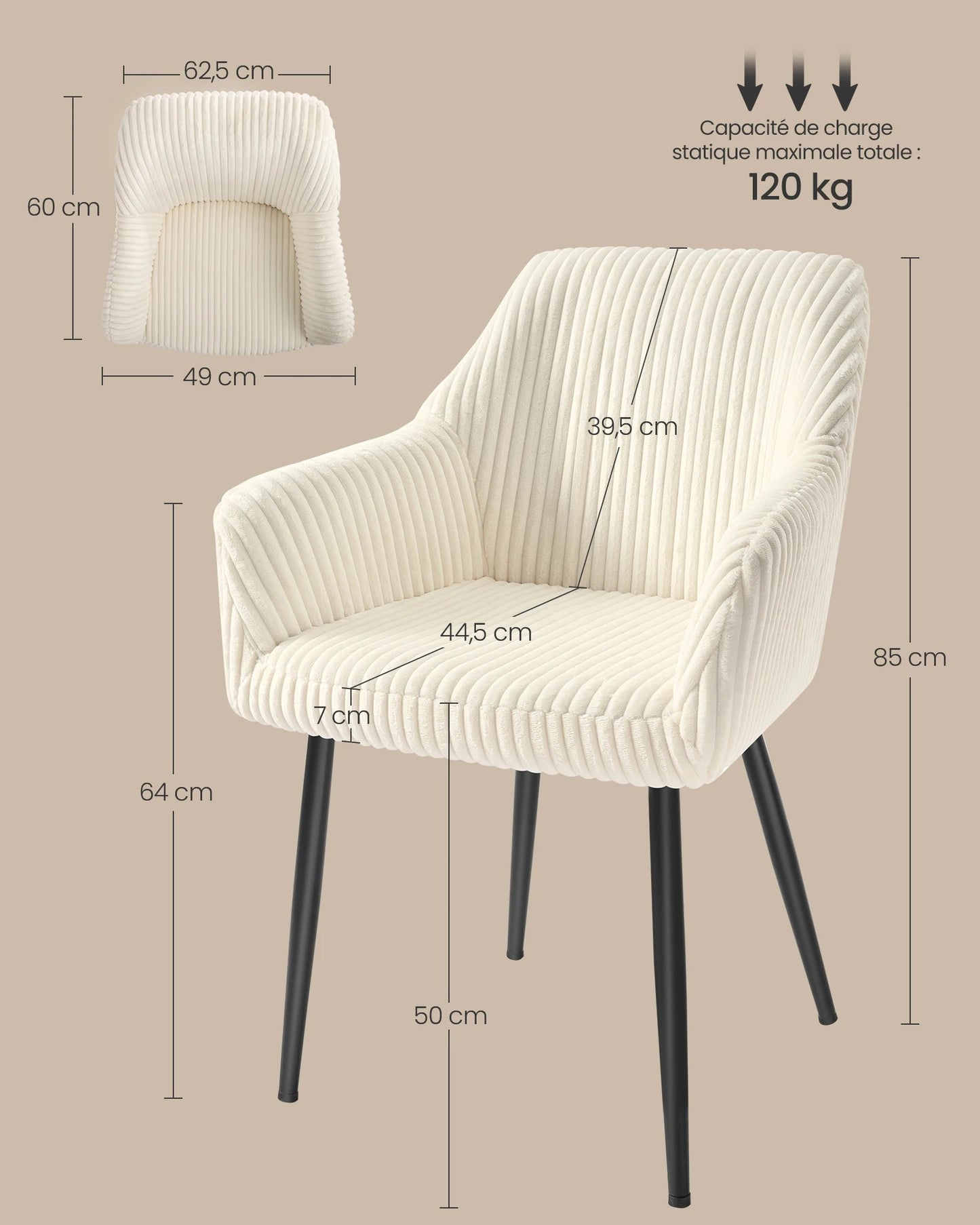 Pack de 2 Chaises Fauteuils en Velours Côtelé - Design Prestige Blanc Crème