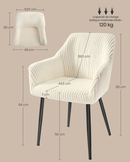 Pack de 2 Chaises Fauteuils en Velours Côtelé - Design Prestige Blanc Crème