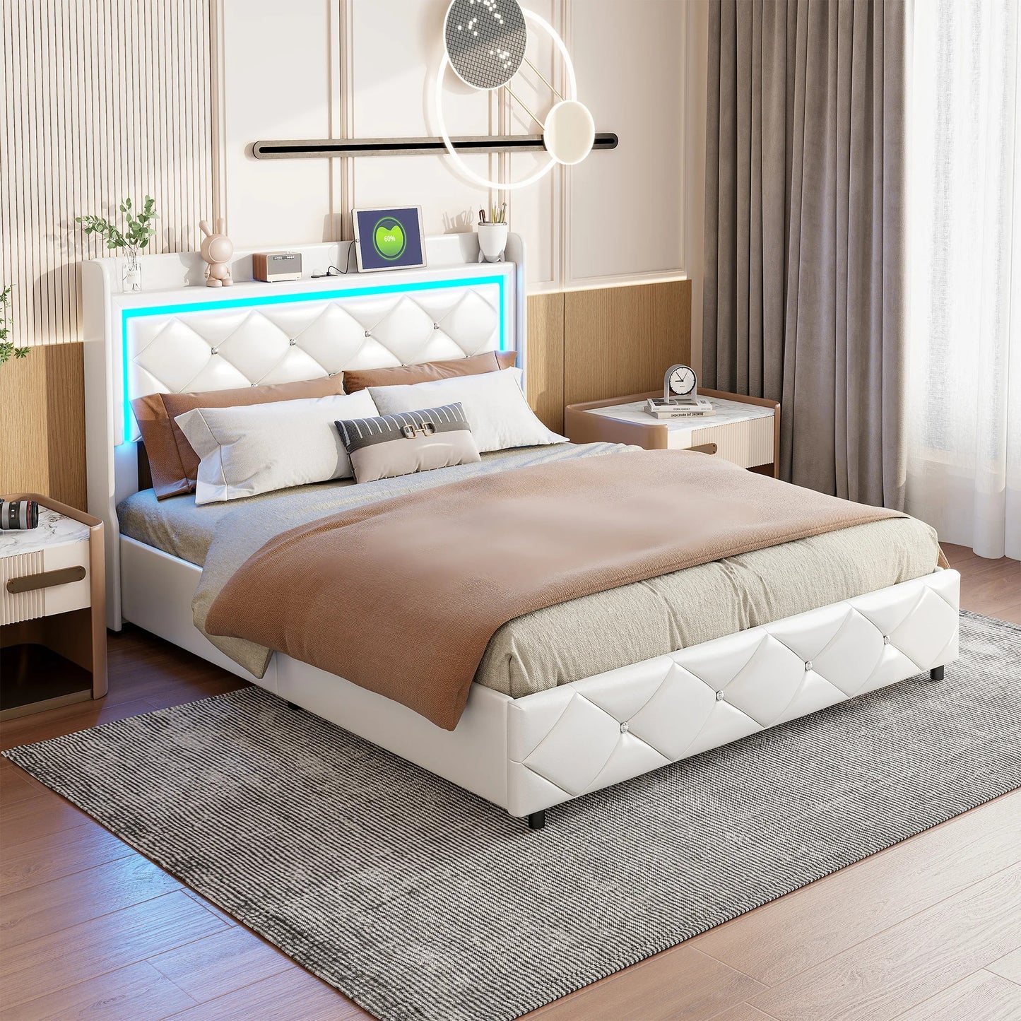 Lit Coffre Design Blanc Connecté - LED, USB et Rangement - Simili Cuir