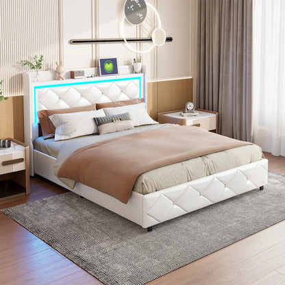 Lit Coffre Design Blanc Connecté - LED, USB et Rangement - Simili Cuir
