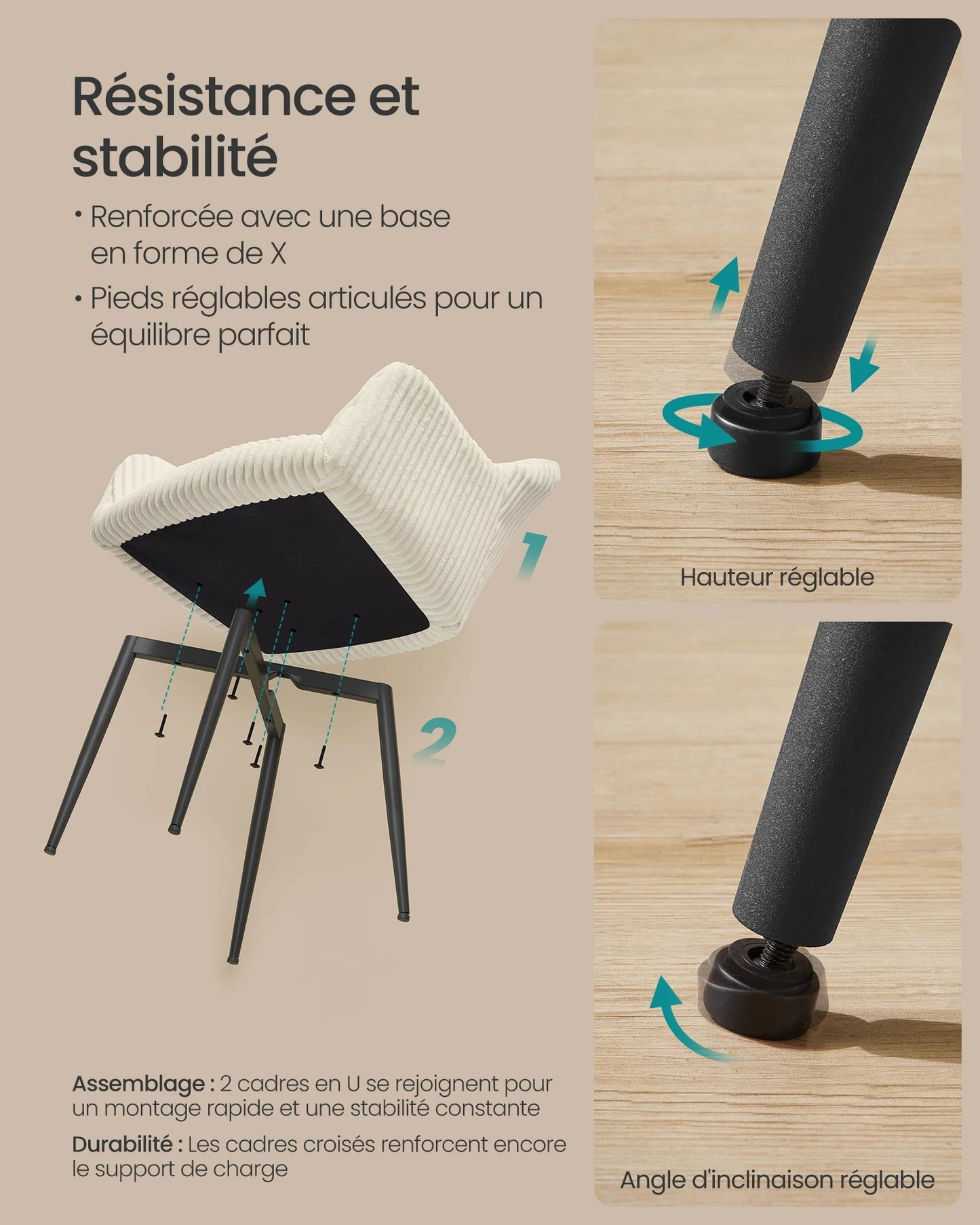 Pack de 2 Chaises Fauteuils en Velours Côtelé - Design Prestige Blanc Crème