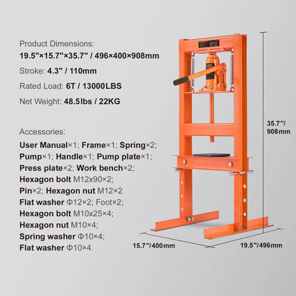Presse Hydraulique d'Atelier 6T - Structure Acier Renforcée et Plaques de Pressage