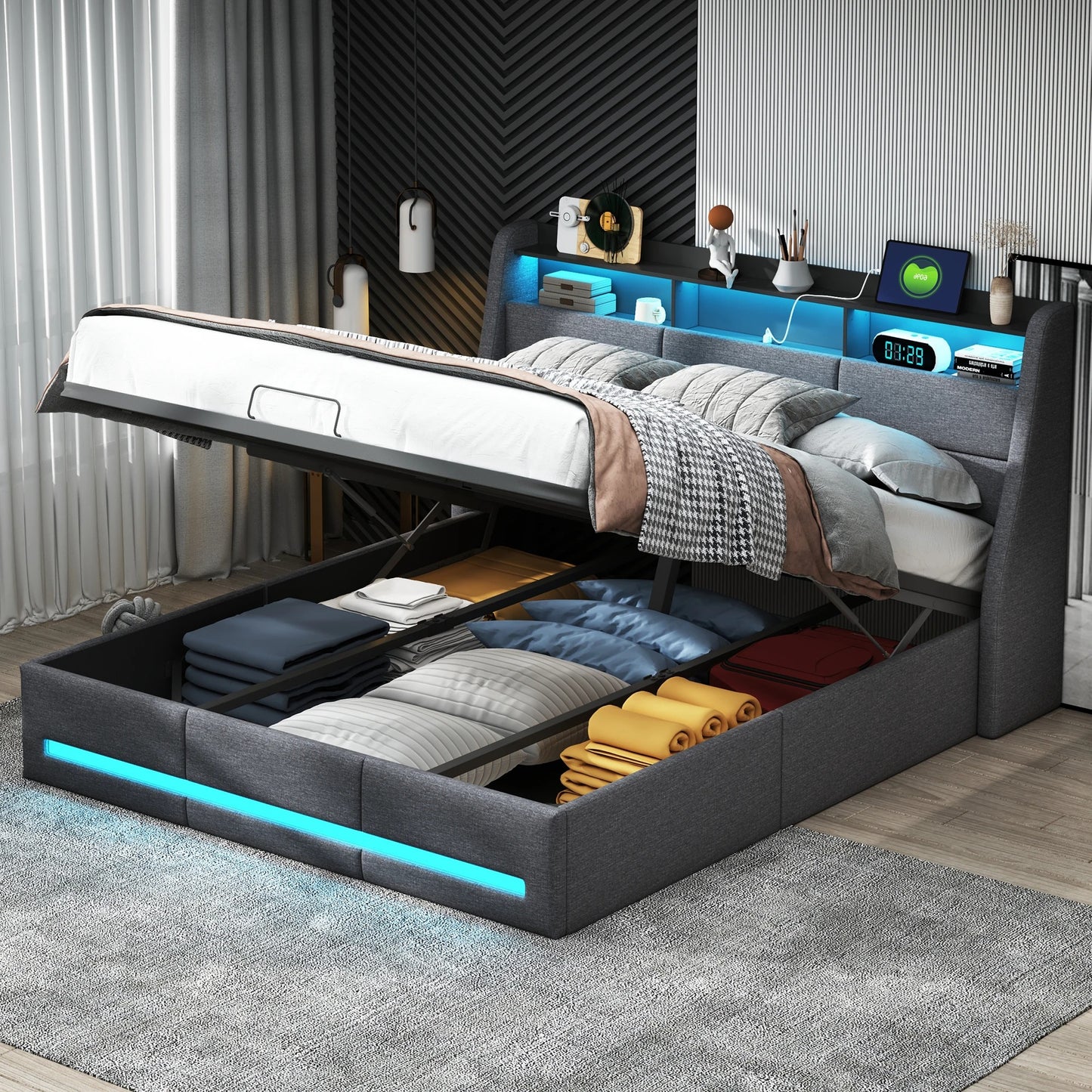 Lit Coffre Design 140x190 Gris Foncé - Rangement Invisible et Confort Luxe