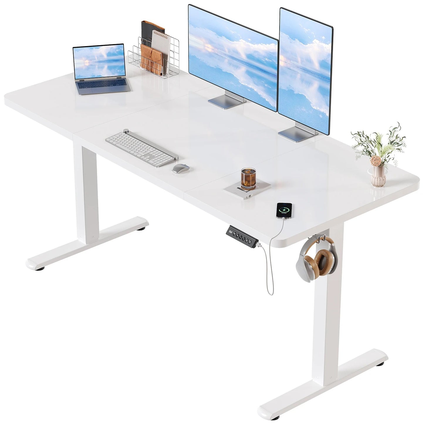 Bureau Électrique Assis-Debout - Structure Acier et Ports USB - Blanc