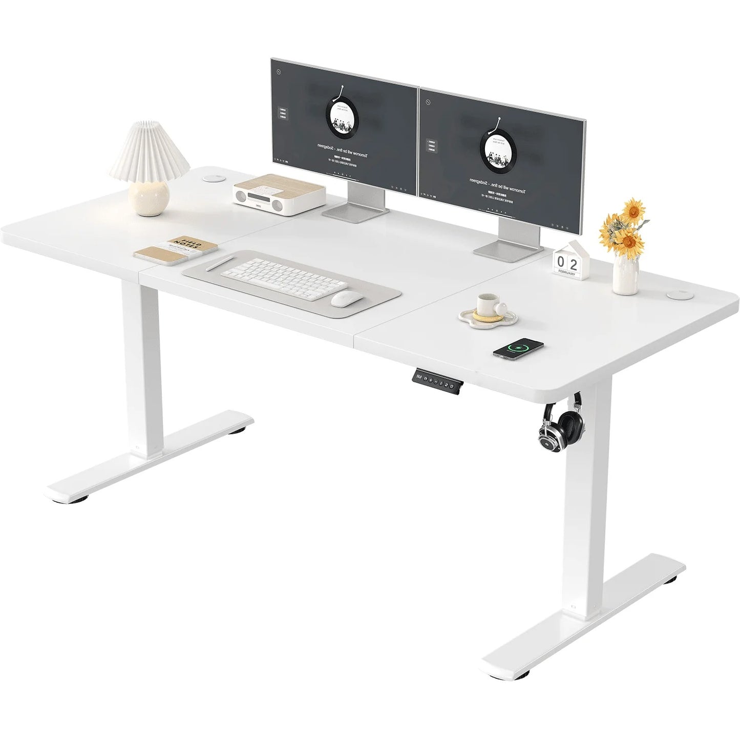 Bureau Électrique Assis-Debout - Structure Acier et Ports USB - Blanc